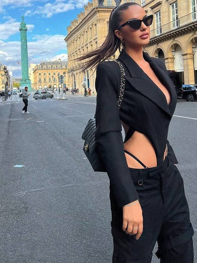 Black Blazer Cutout Bodysuit & High Waist Pants Coord Set