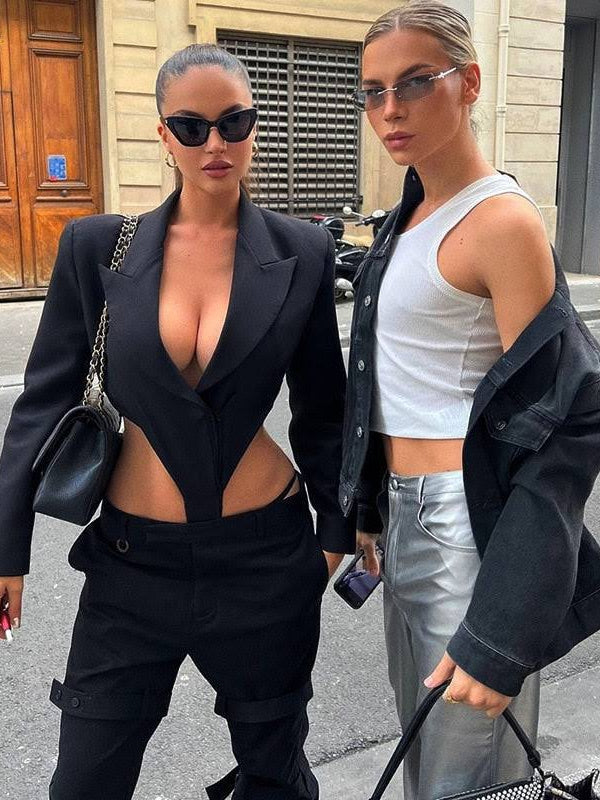 Black Blazer Cutout Bodysuit & High Waist Pants Coord Set