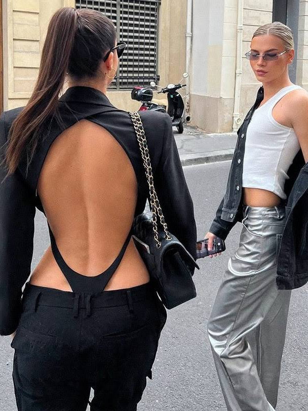 Black Blazer Cutout Bodysuit & High Waist Pants Coord Set