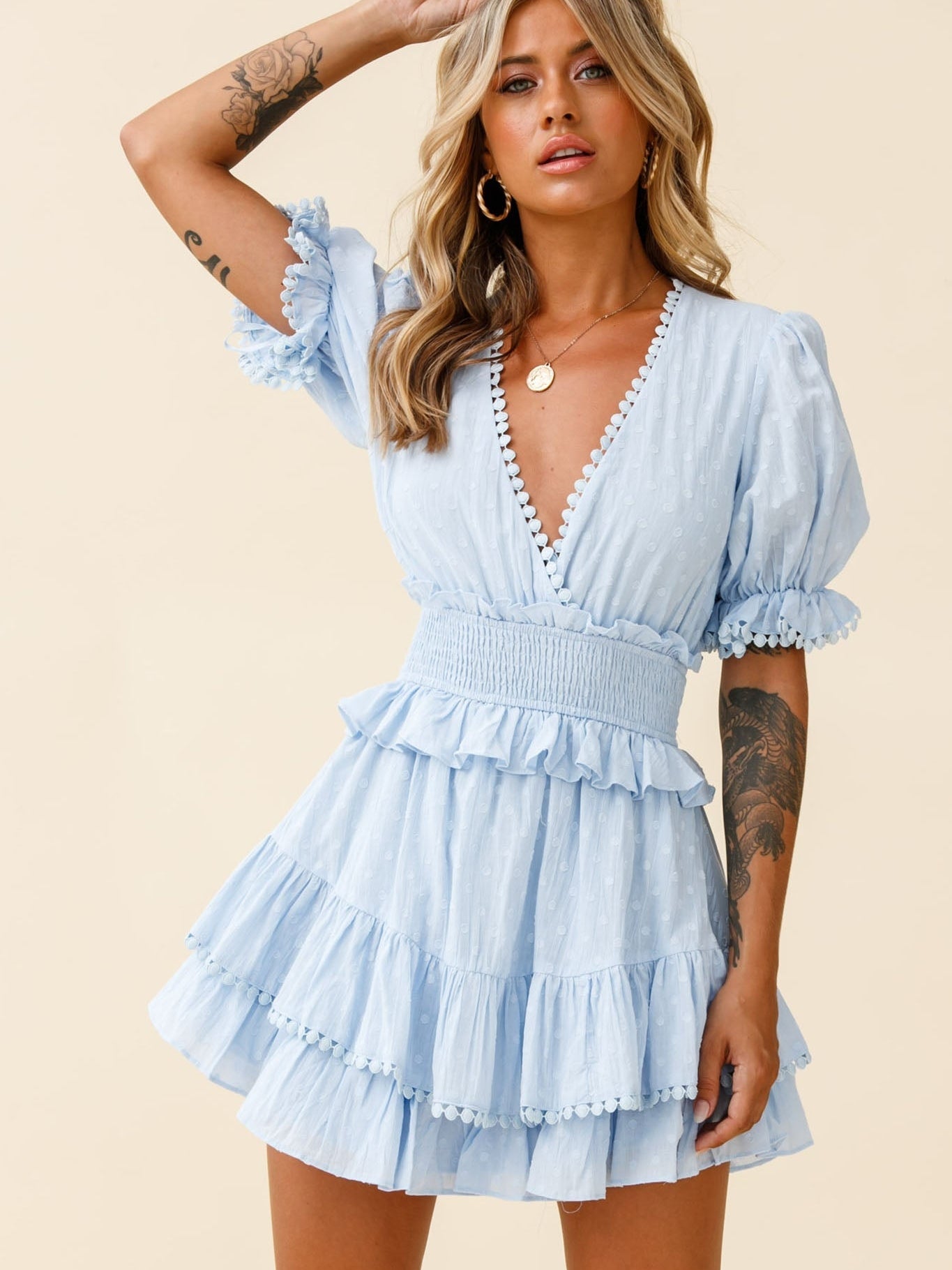 V Neck Short Sleeve Striped Print A Line Dress