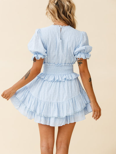 V Neck Short Sleeve Striped Print A Line Dress