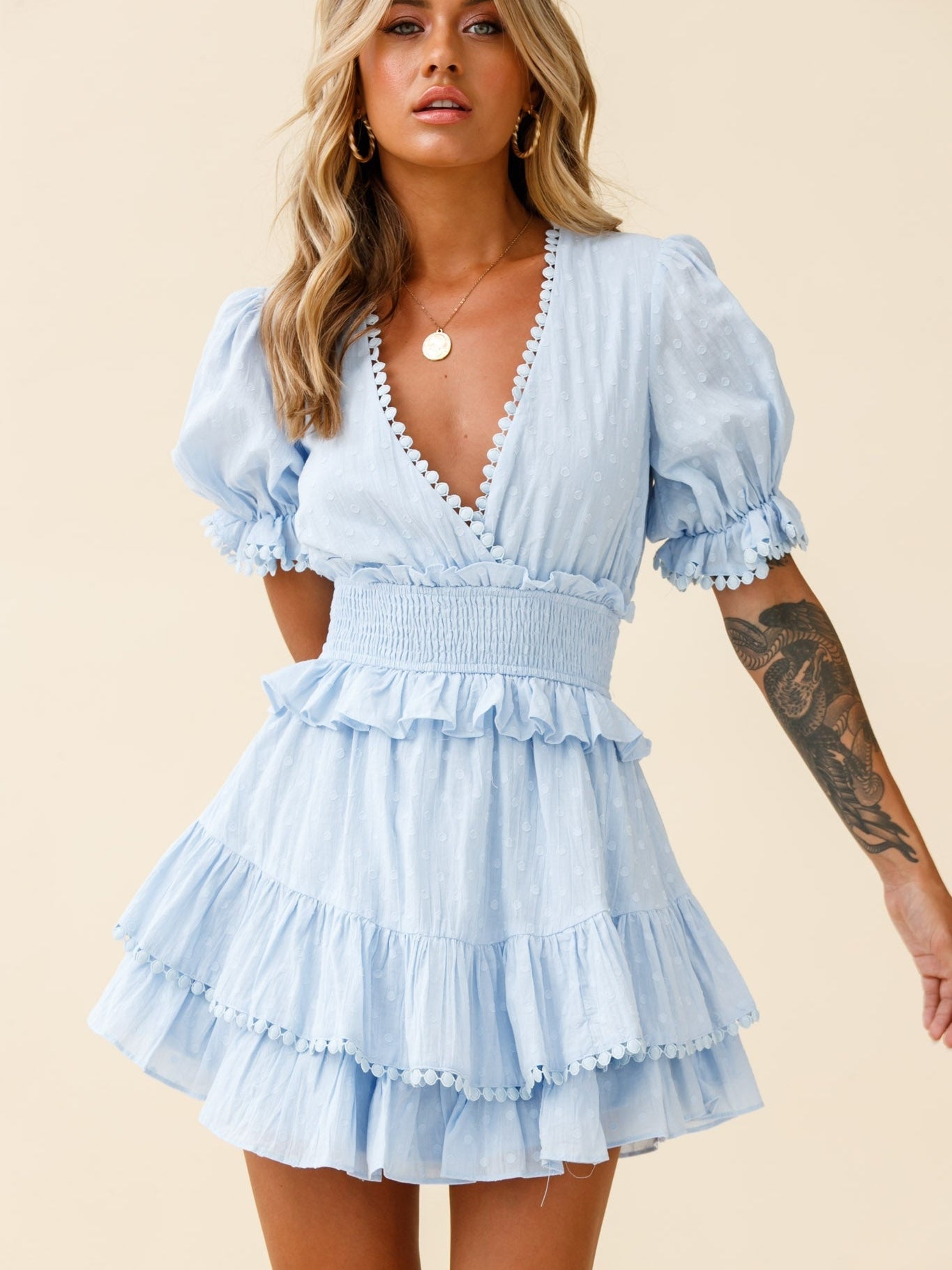 V Neck Short Sleeve Striped Print A Line Dress