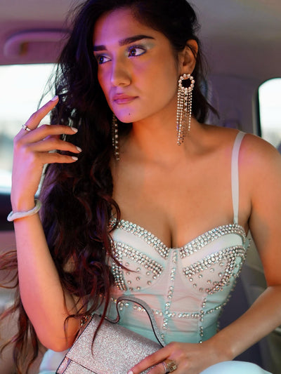 Green Diamond Studded Push Up Bralette Bustier Top